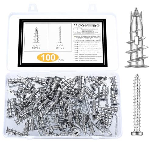 100 Pcs Chevilles pour Plaques de Plâtre avec Vis Autoforeuse, Chevilles Autoperceuses en Métal avec Vis, Chevilles Métalliques Fixations pour Cavités Béton Briques Plaques de Plâtre Murs Creux