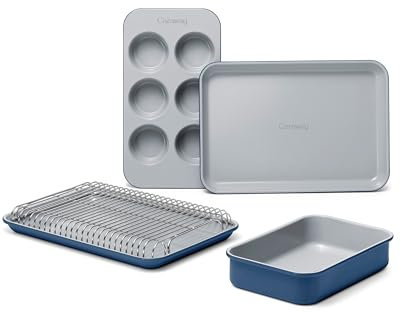 Caraway Mini Bakeware Set – Naturally Non-Stick, Non-Toxic Ceramic Coating – Compact Baking Pans Set for Small Kitchens & Ovens – Includes Baking Sheets, Muffin Pan, Cooling Rack & Storage - Navy