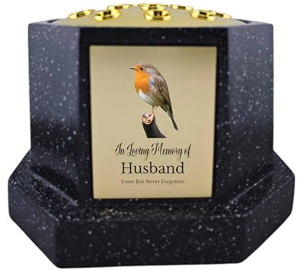 In Loving Memory Of Memorial Octagon Rose Bowl Grave Marker Flower Pot Vase With Robin Design Mum Dad & Lots More Black/Gold (UV PRINTED) (Husband)