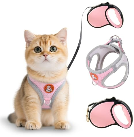 Shyllin Pettorina Gatto con Guinzaglio per Gatti Allungabile, Pettorina Gatto Antifuga, Regolabile Imbracatura Gatti in Maglia Traspirante con Rivestimento Riflettente per G atto Passeggiate (Rosa, S)