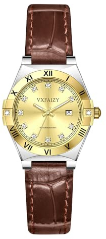 VXFAIZY Reloj Mujer Elegante con Marcadores de Cristal y Correa de Cuero Auténtico Reloj con Calendario para Damas