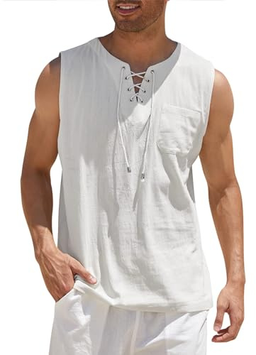 COOFANDY Cotton Holiday Vest Tops for Men Summer Sleeveless T Shirt Pirate Tunic Beach Hippie Tops White 3XL