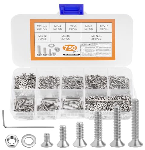 750 PzViti M2, Set Viti a Testa Svasata con Esagono Incassato, Assortimento di Viti a Brugola Testa Piatta e Dadi e Rondelle, Set di Viti Bulloni e Dadi e Rondelle, Vite in Acciaio Inox