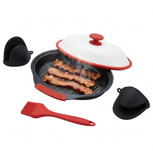 GOVNPJ Microwave Grill Pan, 10.6x8.3x4 Inch Non-Stick Microwave Cookware with Silicone Lid, Includes Oven Mitts & Basting Brush, Fast & Healthy Cooking for Dorm, RV, or Hotel Stays