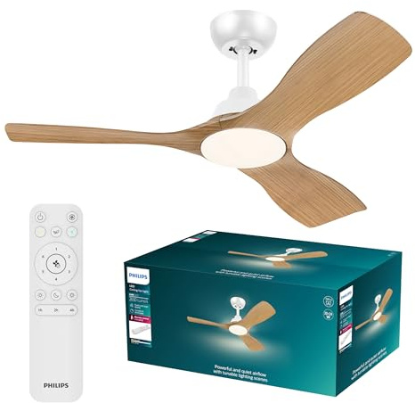 Philips Olas Ventilador de Techo con Luz LED, 3 aspas, Diámetro 107 cm, 2650 Lúmenes, Luz Blanca Ajustable de 3000 K a 6500 K, Regulable al 5%, Mando a Distancia Incluido, Blanco/Madera