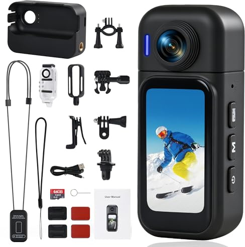 Hiwoor Cámara de Acción 360°con Pantalla Visible, 8h Batería y 30M Impermeable – 120° Gran Angular, WiFi, POV Cámara Body de 64GB, Montaje Magnético y 10+ Accesorios para Viajes, Deportes