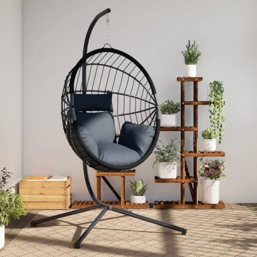 Ziaphsol Fauteuil suspendu design œuf avec support, anthracite rotin et acier, balançoire Hollywood pour jardin, balcon, terrasse, véranda, avec coussin, housse de coussin rembourrée, détente à