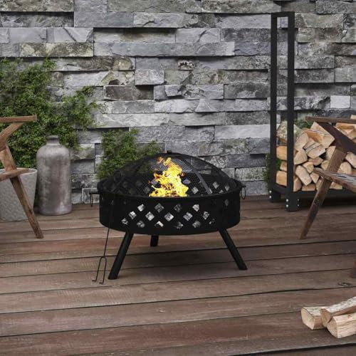 LoogCape Brandskål med förklädeskrok 58 cm XXL stål för trädgård terrass eldstad med nätskydd och brännrum för mysiga kvällar utomhus, robust värmekamin dekoration