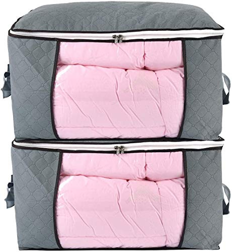 combocube Comforter Storage Bag, Zippered Bag with Large Clear Window and Carry Handles, Space Saver Organizers for Closet, Blanket, Pillow, Quilt, Bedding, Clothes (2Pcs Grey Large)