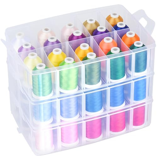 Simthread Kit de Fils à Broder – 63 Couleurs x 550 Yards, Fil Polyester Anti-Enchevêtrement avec Boîte de Rangement Empilable, Canettes, Outils – Compatible avec Brother, Janome, Babylock et Plus