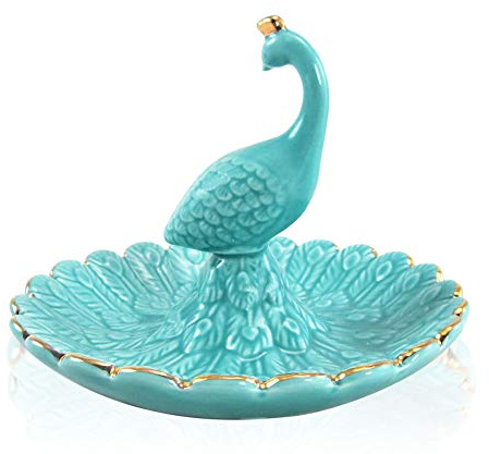 LEPENDOR Soporte para anillo de elefante Bandeja de joyería para la boda, el cumpleaños de Navidad, Decoración de cerámica hecha a mano Bandeja para animales pequeños (Azul Pavo real)