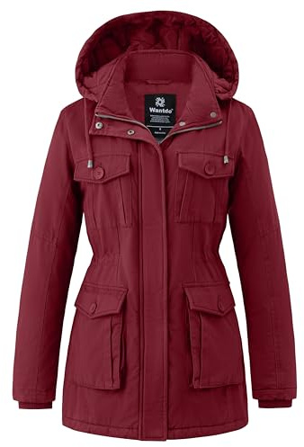 Wantdo Abrigo Cálido Invierno Abrigo Forro Polar Grueso Parka Casual Militar Exteriores Parka de Moda Slim Fit Mujeres Rojo L