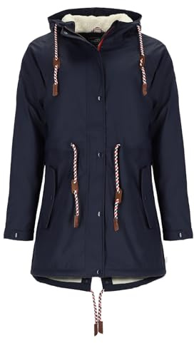 modAS Damen Regenmantel aus PU - Frauen Regenjacke gefüttert mit Teddy-Fleece Futter wasserdicht in Marine Größe 44 bis 46