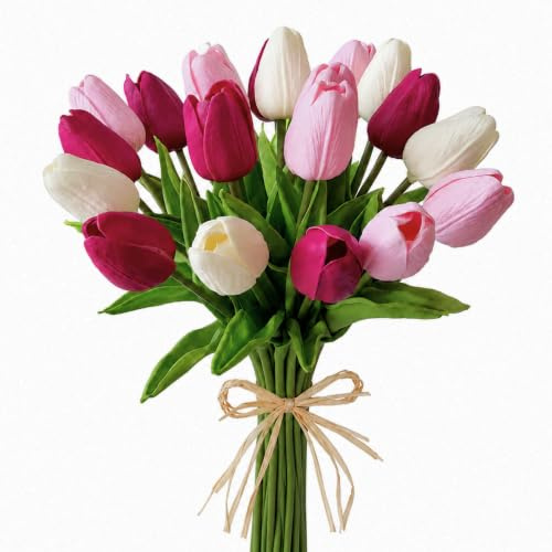 Mandy's Shades of Pink Artificial Tulips Flowers Centerpiece, 13.5 Lifelike PU Fake Floral Stems 20pcs for Kitchen Island & Dining Table, Spring Decor for Easter