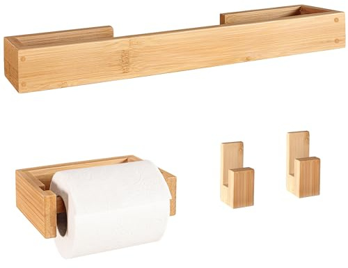 danhol® Set bagno accessori completo | Accessori bagno senza forare (Adesivo) | Kit bagno accessori completo | Porta rotoli carta igienica + 2 Ganci asciugamani + Porta asciugamani (Legno bamboo)