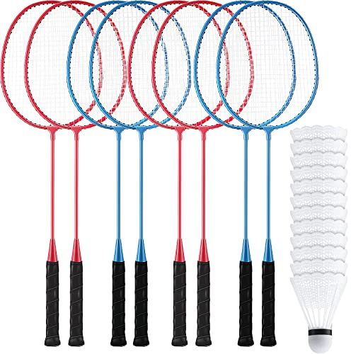 Woanger 8 Packs Badminton Rackets Set with 12 Badminton Racquets for Adult Backyard Gym Beach Outdoor(Blue, Red)