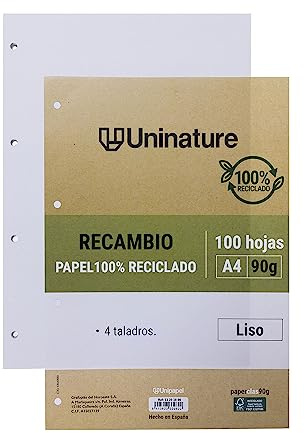 Unipapel | A4 återvunnet pappersersättning | 100 släta ark | 4 Borrar | Superstarkt papper | PaperClass90g