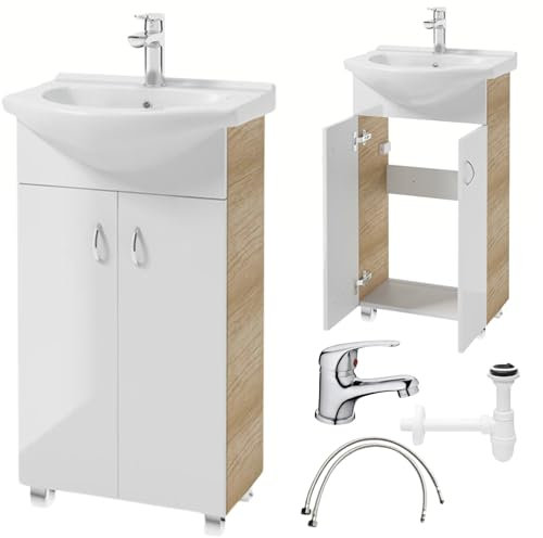 Deftrans Domodomo Mobile Bagno con Lavabo Integrato, Vanity Unit in Ceramica Bianca 80x50x26 cm – Mobiletto Moderno con Piano Lavabo, Design Compatto per Piccoli Spazi