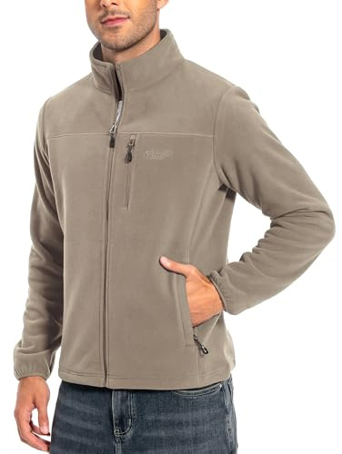 Pioneer Camp - Chaqueta de forro polar para hombre, con cremallera completa, ligera, resistente al viento, para exteriores, con cierre de cremallera, caqui, L
