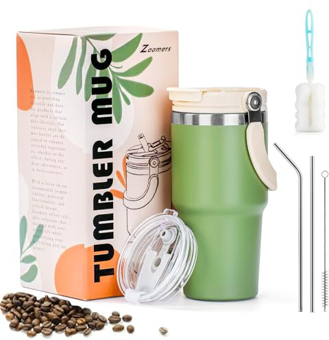 Zoomers Mug Isotherme Cafe avec Paille Inox et Poignée.Tasse Isotherme Cafe Paille avec 2 Couvercle Anti-Fuite.Gobelet Isotherme pour Boissons Chaudes et Glacé.Gobelet Smoothie/Cafe 600ml