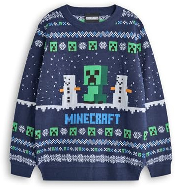Minecraft Boys Christmas Jumper | Kids Creeper & Snow Golem Characters Graphic Knitted Sweater in Blue | Childrens Selburose Pattern Festive Jumper with Snowmen | Mojang Video Game Merchandise Gift