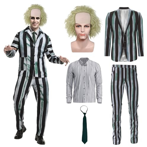 OPAEHJF 5 piezas de traje de rayas blancas y negras para hombre, disfraz de Halloween aterrador para adultos con peluca y corbata para fiesta de cosplay (L)