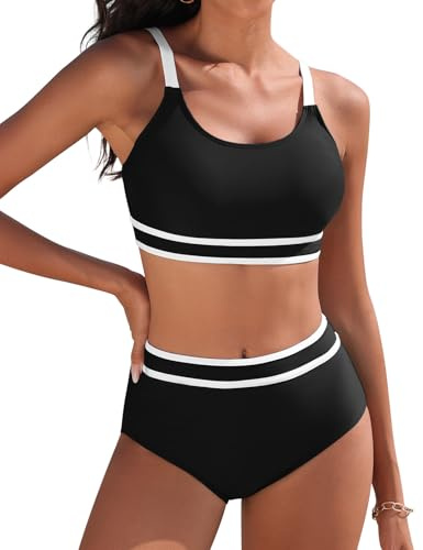 Yuson Girl Costume da Bagno Donna Due Pezzi Push Up Imbottito Reggiseno Bikini Donna Mare Regolabile Costumi da Bagno Scollo a U Patchwork a Righe Bikini Vita Alta Bikini da Spiaggia(Nero, S)