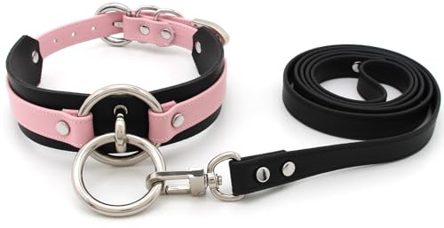 lalatia Colliers Ras du Cou en Cuir Artificiel avec Anneau Métal O Ring pour Femme (Rose Noir, Argent, Laisse)