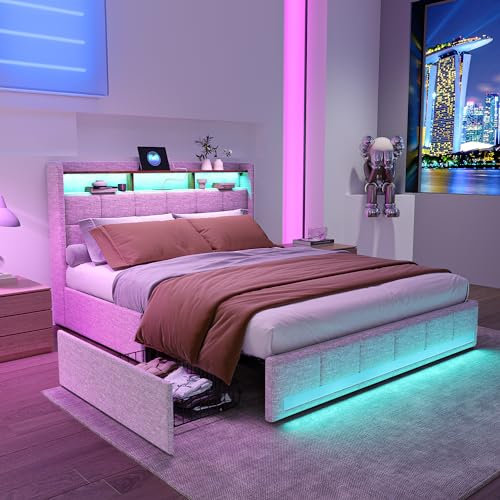 LONELYO Lit Double 140x190 Sommier LED USB, 4 Tiroirs Grande Place de Stockage, Sommier Rembourré - Lin Beige