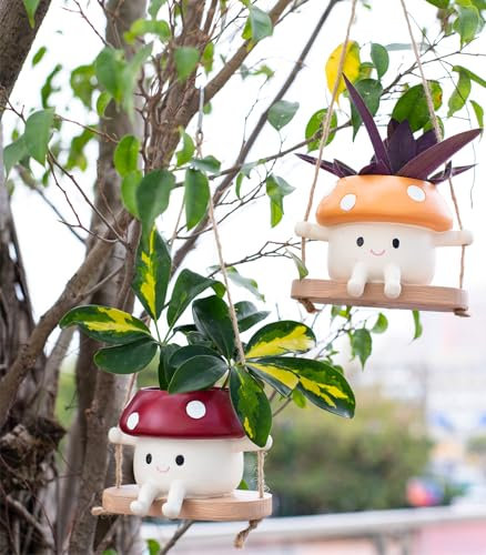 2pcs Mushroom Smily Swing Face Planter Pot, Cute Hanging Resin Flower Head Planter for Indoor Outdoor Plants,Gift IdeaI for Mother,Father and Appreciation Christmas with Drainage Hole (Red&Yellow)