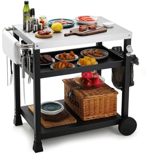 LIFERUN Carro de Barbacoa Acero Inoxidable, Mesa de Barbacoa Exteriores con Ruedas Ganchos, Carrito de BBQ Cocina Servicio, Mesa Auxiliar Superficie Trabajo INOX, Carrito de Cocina, terraza y jardín