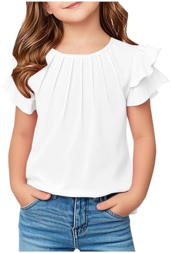 Camiseta Blanca Niña,Camisetas Manga Corta de Volantes Casual Cuello Redondo Cómoda Suelto Suave Tops Adolescente Ligera Camisa Largo Blusa T-Shirt Basic Moda tee Shirt Ropa Niña 5-13 Años