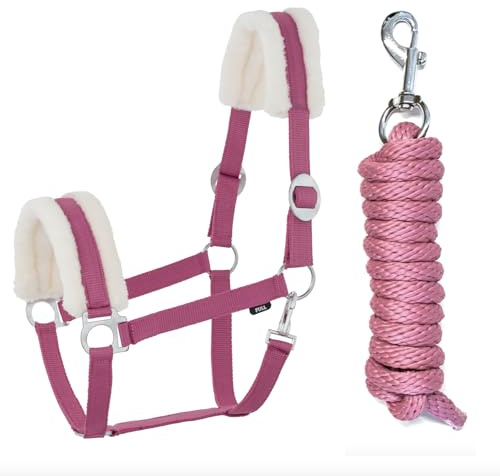 JA Horse Cabestro de piel sintética con mosquetón, ajustable, caballo, caballo, caballo de madera, cuerda de amarre (mosquetón de piel sintética, rosa, Cob)