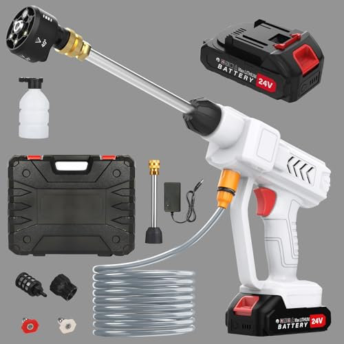 Idropulitrice a Batteria, 260 PSI Idropulitrice Elettrica Portatile con 2 Batterie e Tubo da 5M, 6 in 1 Ugello, Adatto per la Pulizia di Auto, Pavimenti