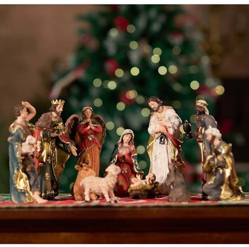 Zayton Nativity Set 8 inch Christmas Indoor 11 Piece Scene Statue Figurines Jesus Manger Crib Ornament Church Xmas Gift Home Catholic Religious Decoration Gift
