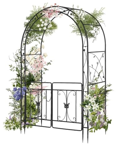 HOBBYZOO Arche Jardin Métal, Arche de Mariage - 135x58x212 cm - avec revêtement en Poudre, pour Plantes Grimpantes de Rose, Noir (avec Porte)