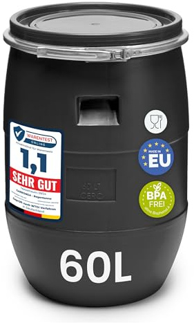 Garronda réservoir d'eau de 60 litres, Baril Alimentaire, fût à Large Ouverture en HDPE et sans BPA, tonneau de Jardin, bac à Aliments pour Animaux, conteneur d'eau, tonneau Universel GD-0078, Noir