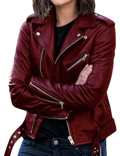 Veste de motard en similicuir pour femme, manteau de moto en similicuir, veste aviateur tendance d'automne, rouge vin, taille XL