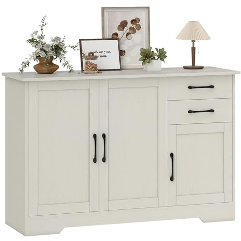 HOMCOM Aparador 3 Puertas, Aparador para Salón Rústico Moderno, con 2 Cajones, Estante Ajustable, Bisagra Cierre Suave, para Comedor, Entrada, Dormitorio, Crema, 120x38x79 cm