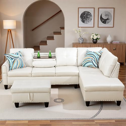 Topcomfy 97.5 L Shaped Couch Set, Modular Sectional Couches for Living Room with Storage Ottoman, 4 Seat Home Sofa Living Room Furniture Sets with Chaise for Apartment Office (Faux Leather, White)