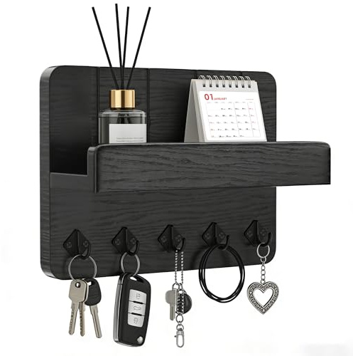 familaha Plaque à clés avec étagère, porte-clé multifonction avec 5 crochets à clés, noir pour entrée, couloir, cuisine, salon, chambre à coucher