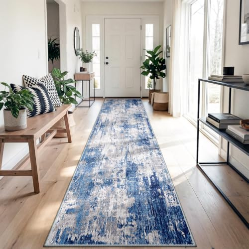 DEFYNEE Alfombra de pasillo 80 x 300 cm, alfombra antideslizante, alfombra de pelo corto para la cocina, lavable, plegable, diseño abstracto para entrada, cocina, sala de estar y oficina, gris azulado