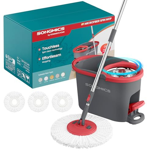 SONGMICS Juego de Fregona y Cubo, Escurridor Giratorio, Fregona, Pedal, Mango Telescópico de 122,5 a 150 cm, Cabezal Giratorio de 360°, 3 Paño de Microfibra, Gris y Rojo LMB002GT03