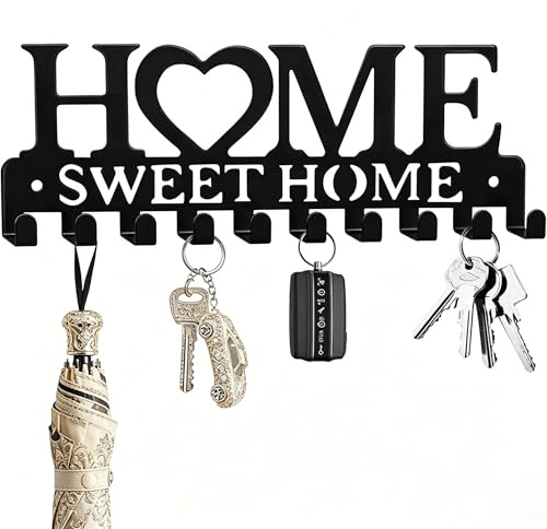 10-Hook Black Metal Key Holder for Walls, Self-Adhesive Entryway Key Hanger | These ten hooks organise keys and small accessories on a black metal rack for entryways, kitchens, offices, and living rooms