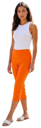 Roman Cropped Trousers for Women UK Ladies Capri Leggings Summer Pants Short Crop Stretch 3/4 Length Three Quarter Pedal Pusher Clothes Elasticated Bengaline Cut Off - Plain Orange - Size 12