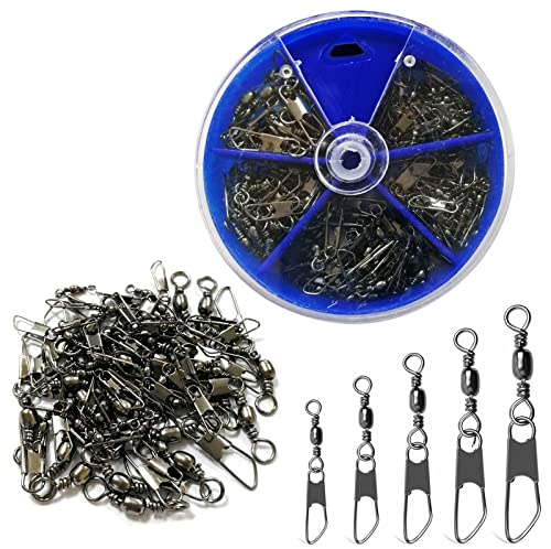 JSHANMEI Fishing Snap Swivels 50pcs Rolling Barrel Swivels with Safety Snaps High Strength Copper and Stainless Steel, Black Nickel Coated Quick Connect Swivel Snap Fishing Tackle