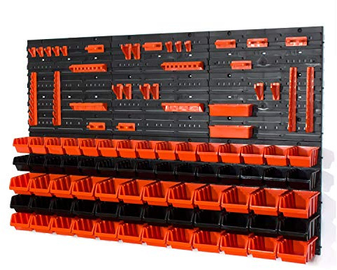 Lot de 42 boîtes empilables avec étagère murale 120 x 80 cm – Étagère de rangement murale pour atelier de garage – Noir/orange