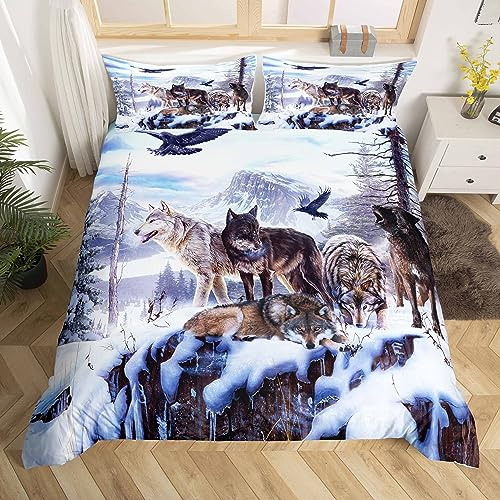 Loussiesd 3D Wolf Duvet Cover Set King Size Animals Print Bedding Set for Boys Men Lightweight Wildlife Microfiber Polyester Comforter Cover with 2 Pillow Shams, Zipper, Snow Forest 3 Pieces Boys