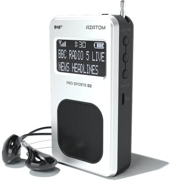 Portable DAB/DAB+ & FM Digital Radio | Sports Earphones Included | Built in Speaker | Rechargeable Battery (10-12 Hours) | Perfect for Sports, Hiking or Working | AZATOM Pro Sports S2 (Silver)
