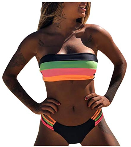 Bandeau bikini dam set push up sexiga badmode färgglada randiga axelbandslös baddräkt tvådelad vadderad baddräkt Kanpola, Grön, 40 SE